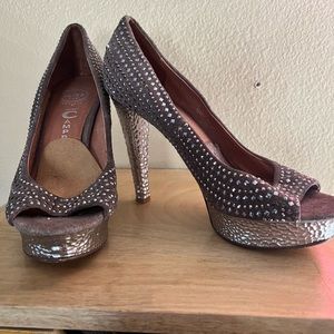 Jeffrey Campbell suede open toe embellished heels